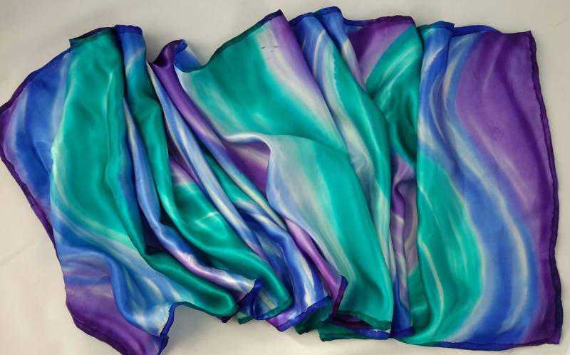 Seide Schal Lange Hand Bemalt - Satin Kornblume Blau Smaragd Grün Orchidee Lila Weiß Seide Schal Lange Hand Bemalt - Satin Kornblume Blau Smaragd Grün Orchidee Lila Weiß von LushSilk