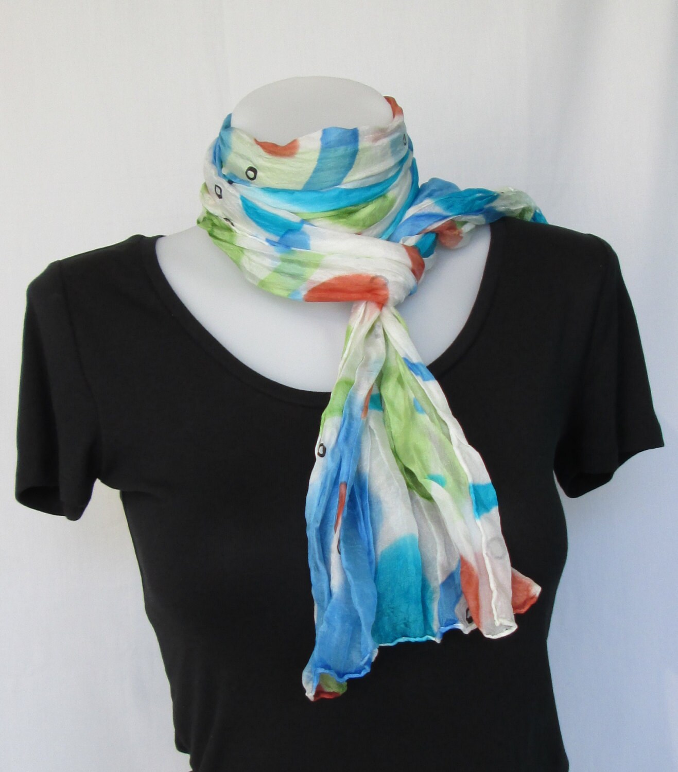 Seidenschal Lang Crinkle Handbemalt - Weiß, Türkis, Blau, Grün, Rost von LushSilk