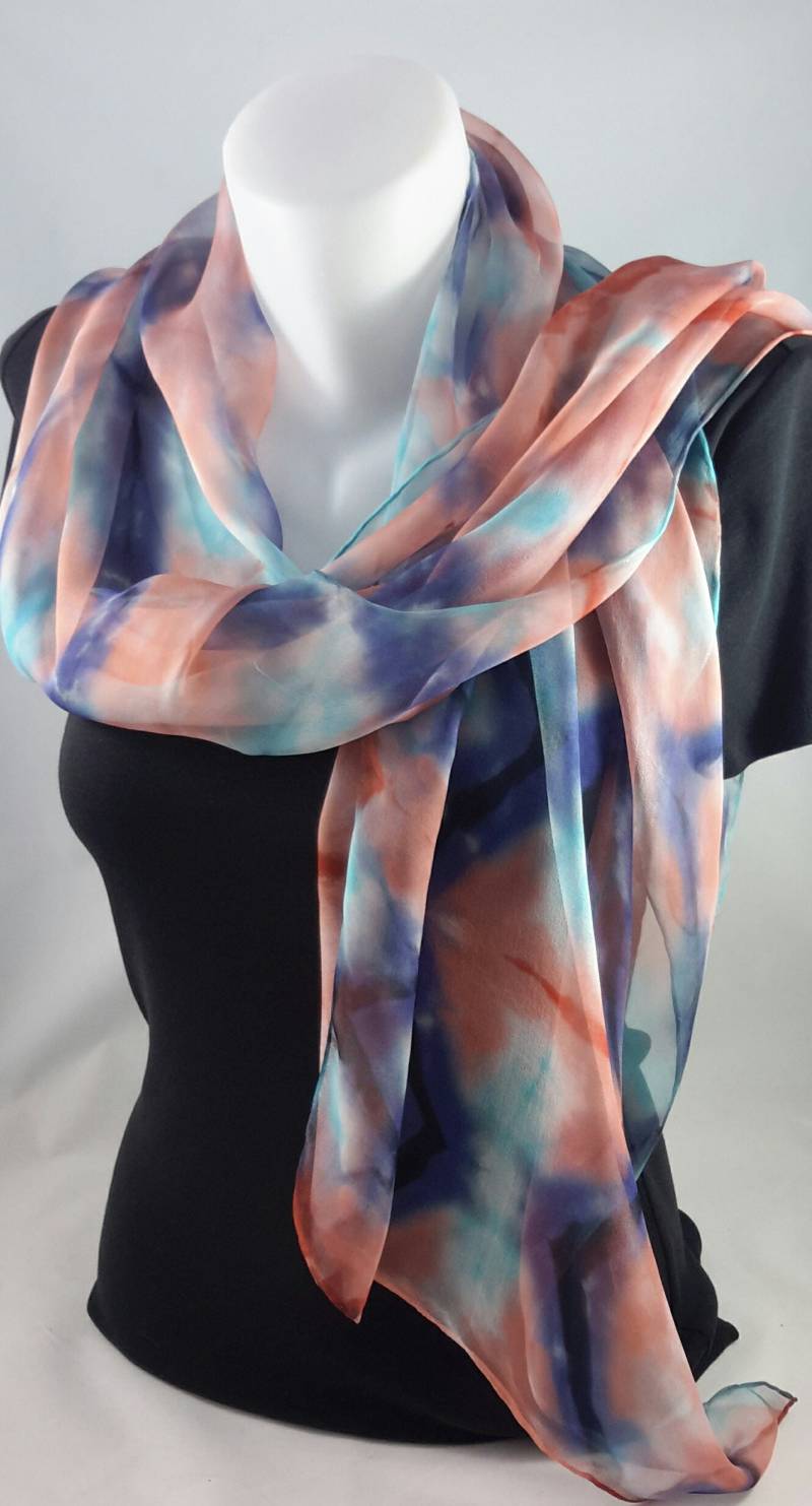 Seidenschal Lange Hand Bemalt Chiffon Marine Blau Terrakotta Orange Türkis Seidenschal Lange Hand Bemalt Chiffon Marine Blau Terrakotta Orange Türkis von LushSilk
