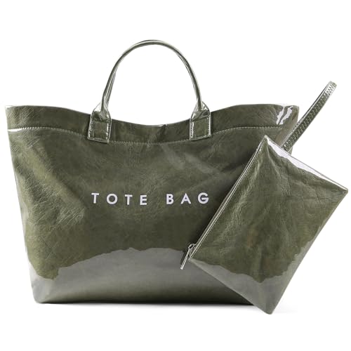 Lushandy Damen-Tragetasche, dicke PVC-Tragetasche, Buchstaben-Druck, Tragetasche, Kunststoff, transparenter Griff, Geldbörse, Hobo-Handtasche mit Tasche, Grün , Einheitsgröße von Lushandy