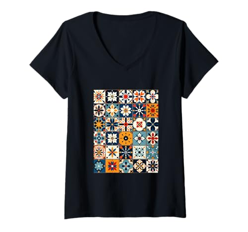 Damen Portugiesisches Fliesenmuster im Azulejo-Stil T-Shirt mit V-Ausschnitt von Lusitan Art Vibes