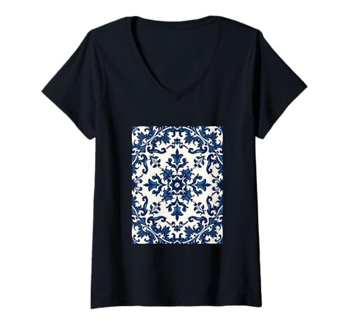 Damen Portugiesisches Fliesenmuster im Azulejo-Stil T-Shirt mit V-Ausschnitt von Lusitan Art Vibes