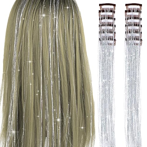 12 Stück Glitzer Strähnen Haare Extension Clip on Haar Set 50,8 cm Feen Hair Tinsel Extensions Haarverlängerungen Haar Lametta Haarlammetta Accessoire Glitzer Haarsträhnen zum Einklipsen Mädchen von Lusofie