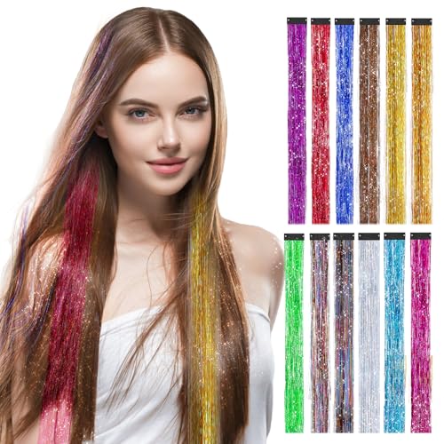 12pcs Hair Tinsel Set Flechten Haar Lametta Kit 48 Cm Glitzer haarsträhnen zum einflechten Frauen Sparkle Tinsel Hair Extensions Funkelndes Haarschmuck Damen Mädchen Kinder Für Party von Lusofie