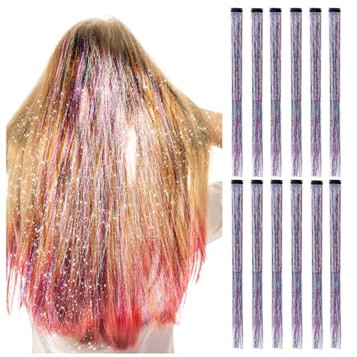 12 Stück Haarsträhne Glitzer Strähnen Haare Hochglitzernde Draht Haarverlängerungen für Mädchen Hitzebeständiges Haarlammetta Buntes Tinsel Haare Extension 9 Zoll Haarsträhnen zum Einklipsen von Lusofie