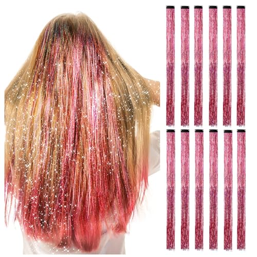 12 Stück Haarsträhnen Glitzer Strähnen Haare Hochglitzernde Draht Haarverlängerungen für Mädchen Hitzebeständiges Haarlammetta Rosa Tinsel Haare Extension 9 Zoll Haarsträhnen zum Einklipsen von Lusofie