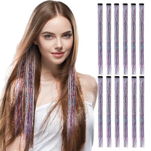 12pcs Hair Tinsel Set 48 Cm Flechten Haar Lametta Kit Glitzer haarsträhnen zum einflechten Frauen Sparkle Tinsel Hair Extensions Funkelndes Haarschmuck Damen Mädchen Kinder Für Party（2） von Lusofie