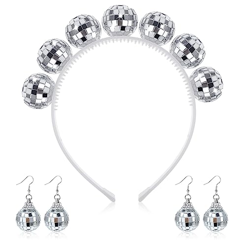 2 Paar Disco Ohrringe 1 Stück Disco Stirnband Kugelkopf mit Reflektierender Spiegelkugel Ohrringe Zubehör Discokugel Stirnband Ohrringe für 70er 80er Jahre Disco Kostümparty Bekleidung Halloween Damen von Lusofie