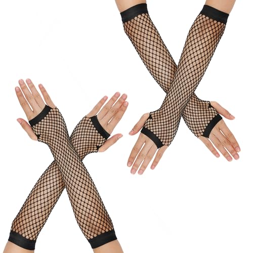 2 Paar Netzhandschuhe Fischnetz Handschuhe Lang für Damen Netzhandschuhe Fingerlose Damen 80/90 er Retro Party Disco Halloween Maskerade Kostüm Zubehör (Schwarz) von Lusofie