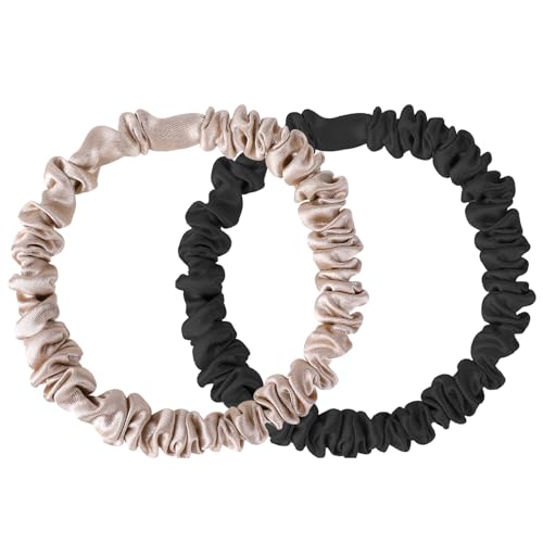 100% Seide Haargummis Scrunchies 2 Stück Damen Pferdeschwanz Seide Haargummi Kleine Damen Mädchen Seide Haarschmuck Beige Schwarz von Lusofie