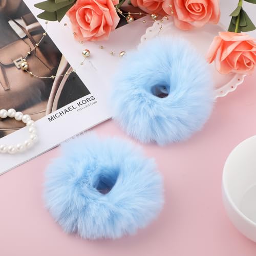 2 Stücke Haargummi Scrunchie Blau Pom Pom Stirnbänder Plüsch Kratzbänder Faux Kaninchen Haar Blase Elastische Baby Scrunchies Pferdeschwanz Haarschmuck Mädchen Blau Haargummis von Lusofie