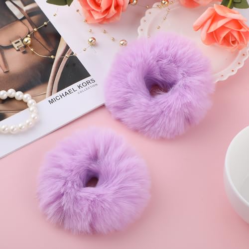 2 Stücke Haargummi Scrunchie Lila Pom Pom Stirnbänder Plüsch Kratzbänder Faux Kaninchen Haar Blase Elastische Baby Scrunchies Pferdeschwanz Haarschmuck Mädchen Lila Haargummis von Lusofie