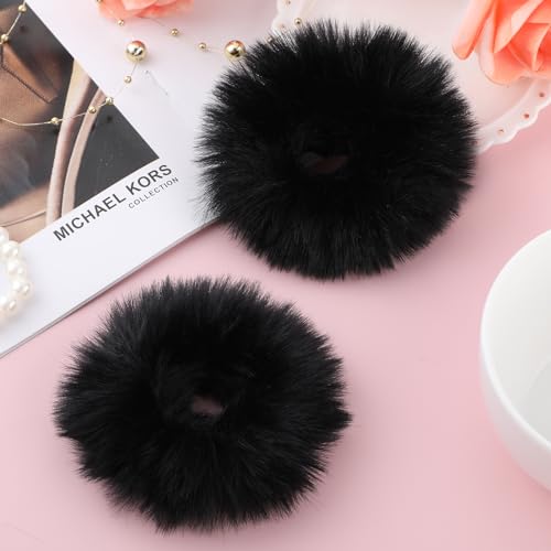 2 Stücke Haargummi Scrunchie Schwarz Pom Pom Stirnbänder Plüsch Kratzbänder Faux Kaninchen Haar Blase Elastische Baby Scrunchies Pferdeschwanz Haarschmuck Mädchen Schwarz Haargummis von Lusofie