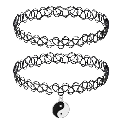2 Stücke Tattoo Kette 90s Retro Damen Schwarz Choker mit Anhänger Klassisches Gothic Punk Choker für Damen Retro Halloween Karneval Party Kostüm Zubehör von Lusofie
