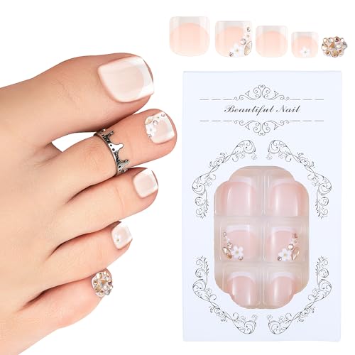 24 Stück französische Quadratische Künstliche Zehennägel Kurze Nackt fußnägel zum aufkleben Strass Blumen Weißer Rand Künstliche Fussnägel für Frauen und Mädchen 24 Stück französische Quadratische Künstliche Zehennägel Kurze Nackt fußnägel zum aufkleben Strass Blumen Weißer Rand Künstliche Fussnägel für Frauen und Mädchen von Lusofie