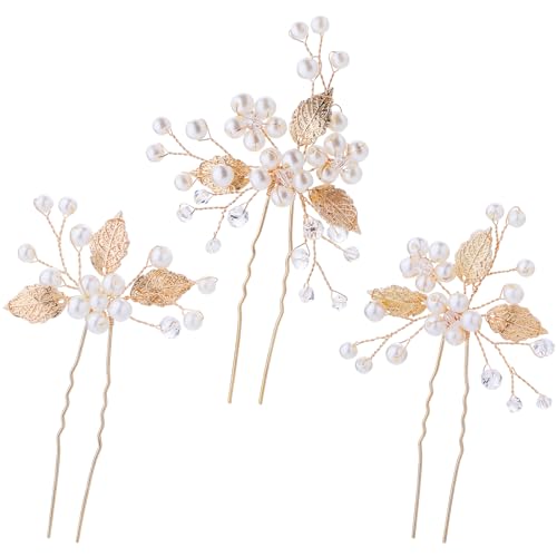 3 Stück Braut Hochzeit Haarnadeln Blume Blatt Perle Haarnadel Haarschmuck Gold Brautschmuck Strass Haarnadel Braut Brautjungfer Kristall Hochzeit Haarschmuck Kopfschmuck von Lusofie