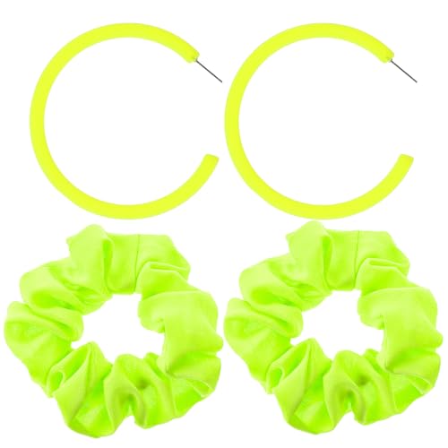 4er-Set Neon Accessoires Damen-1 Paar Neons Ohrringe Und 2 Neon Haargummi Neonfarbene Haargummis Und Acryl Offene Earrings Für 70er 80er 90er Jahre Weihnachten Karneval Festival-Party Zubehör（Gelb） von Lusofie