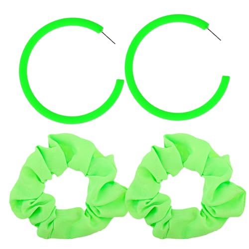 4er-Set Neon Accessoires Damen-1 Paar Ohrringe Und 2 Neon Haargummi Neonfarbene Haargummis Und Acryl Offene Earrings Für 70er 80er 90er Jahre Weihnachten Karneval Festival-Party Zubehör（Grün） von Lusofie