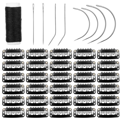 50 Stück Haarextension Clips Für Extensions Perücke Ohne NäHen Gebogene Nähnadel Mit 1 Rolle Garn HaarverläNgerung Clip Mit 6 ZäHnen Perückenclips Zum Sichern Zum Befestigen Perücken Zubehör von Lusofie