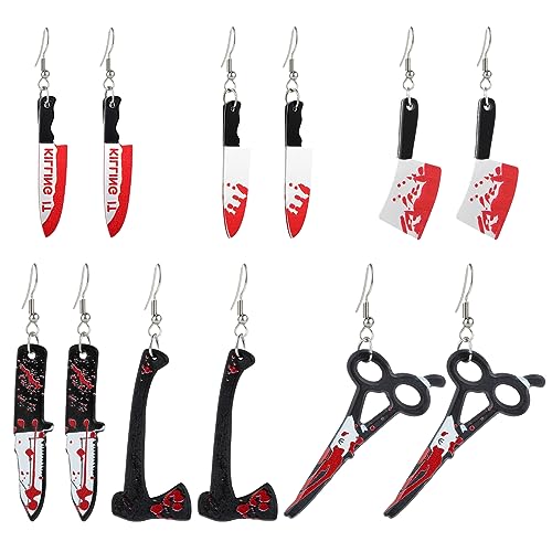 6 Paar Halloween Blutiges Messer Ohrringe Horror Messer Anhänger Ohrringe Halloween Damen Mädchen Cosplay Party Schmuck von Lusofie