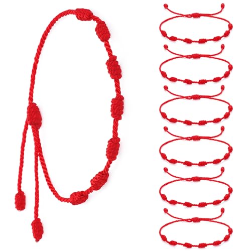 6 Stück Rotes Armband Handgefertigte Rote Armbänder Mit 7 Knoten Für Frauen Verstellbares Schnurarmband Glücksarmband Damen Rot Seil Geknotet Kabbalah Roter Knoten Amulett Kordelarmband Zum Schutz von Lusofie