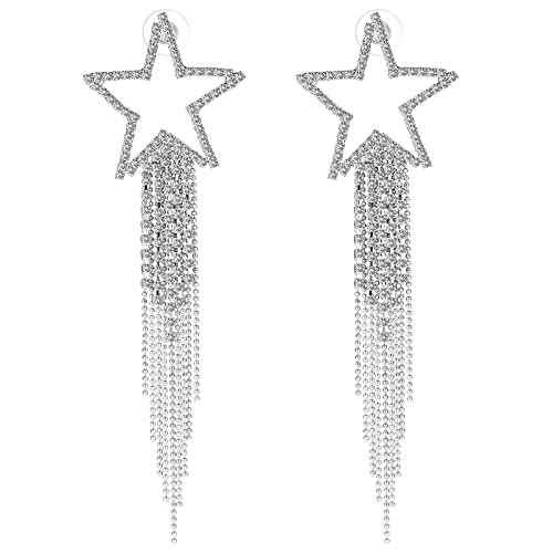 Stern Ohrringe Lang Hängend Damen Silber Glänzend Strass Hängende Ohrringe Quasten Ohrringe Strass Quasten Kettenohrringe Personalisierte Anhänger Ohrringe Brautschmuck Zubehör von Lusofie