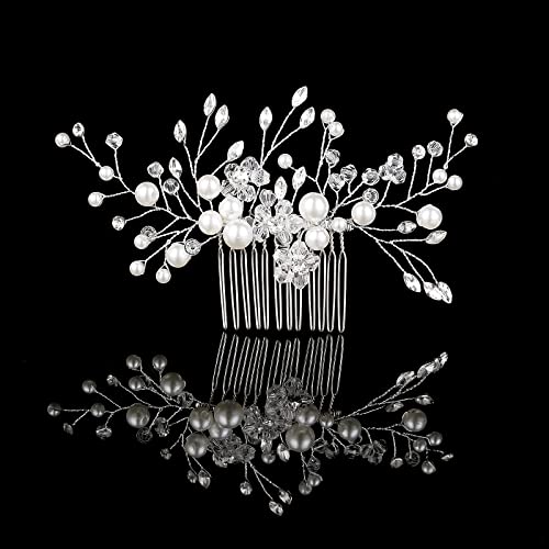 Haarkamm Haarschmuck Braut Hochzeit Haarkämme Frauen Strass Perle Braut Haarschmuck Silber Blume Silber Kristall Hochzeit Haar Perlen Schmuck für Brautfrauen Mädchen Brautschmuck Haare von Lusofie