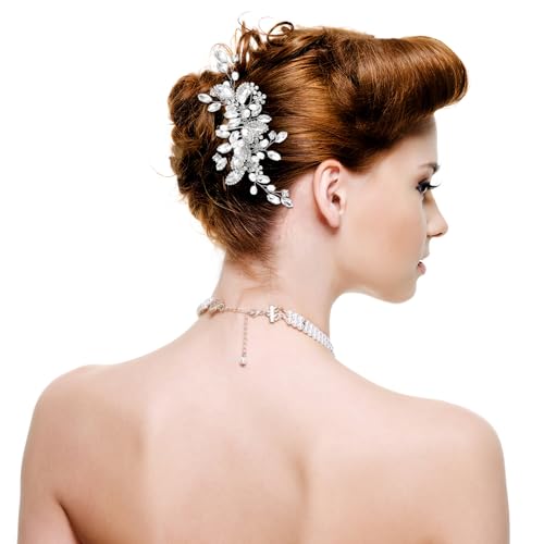 Haarkamm Hochzeit Haarkämme Braut Haarschmuck Mit Kristallen Perlen Kristall Brautschmuck Strasss Silber Bride Blatt Seitliche Kämme Mit Strasssteinen Für Frauen Mädchen Bräute Brautjungfern von Lusofie