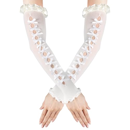 Lang Handschuhe Weiß mit Schleife Langen Armstulpen Damen Spitzenhandschuhe Lolita Kleid Netzstoff Gerüschte Brauthandschuhe für Hochzeit Halloween Party Maskerade Cosplay Handschuhe Lang Spitze von Lusofie