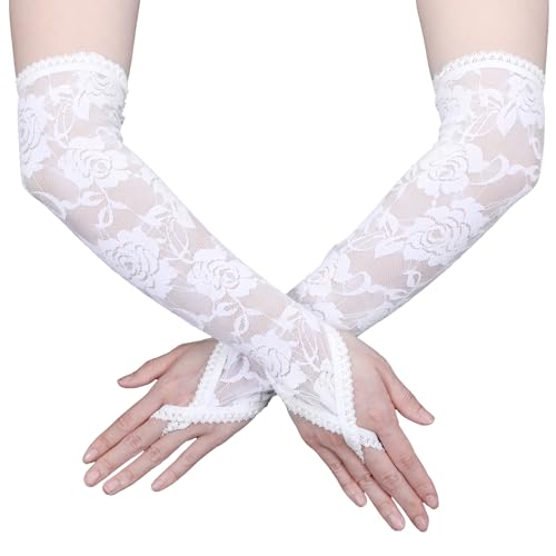 Lange Handschuhe Weiß für Damen Handschuhe Spitzen Spitzenhandschuhe Vintage Damen Spitze Fingerlose Handschuhes Elastisch Handschuhes Schwarze Weiß Abschlussbal Teeparty Kostüm Zubehör (Schwarze) von Lusofie