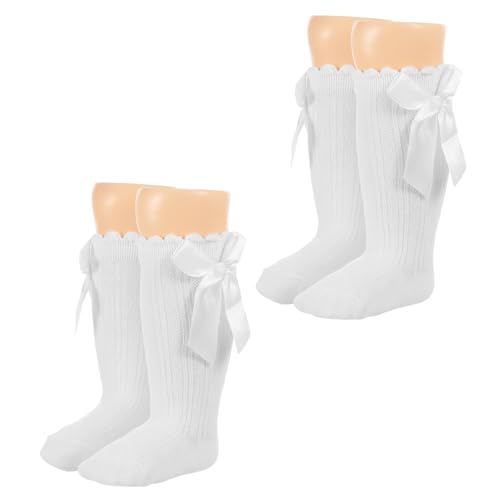 Lusofie 2 Paar Weiße Strümpfe Baby Mädchen Kniestrümpfe Weiß Schleifen Babysocken Hautfreundliche Elastische Baumwollsocken Besser für Babys und Neugeborene Baumwolle Kniestrümpfe Socken Baby Mädchen von Lusofie
