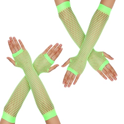 Lusofie 2 Paar Netzhandschuhe Fischnetz Handschuhe Lang für Damen Netzhandschuhe Fingerlose Damen 80/90 er Retro Party Disco Halloween Maskerade Kostüm Zubehör (Fluoreszierendes Grün) von Lusofie