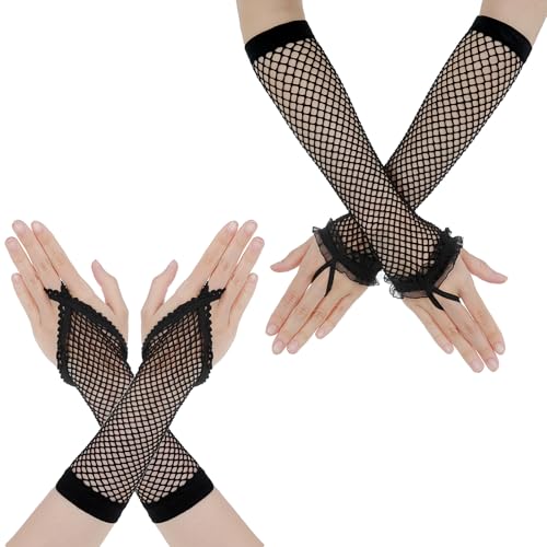 Lusofie 2 Paar Netzhandschuhe Schwarz Fingerlose Handschuhe Damen Fishnet Spitzenbordüre 80er Jahre Party Mesh Fischnetz Handschuhe für Cosplay Halloween Kostüme Rock Cosplay von Lusofie