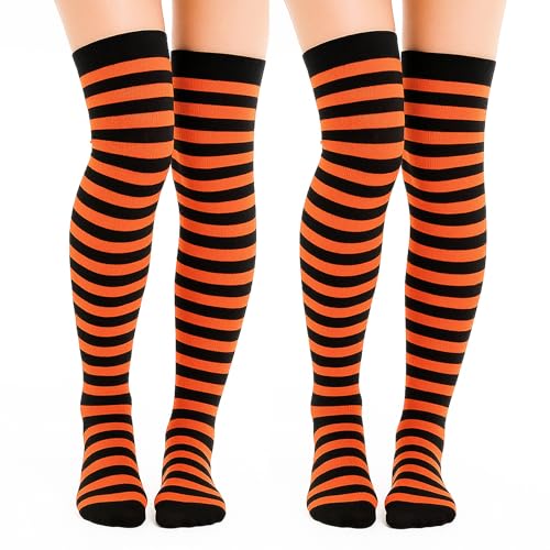 Lusofie 2 Paar Thigh High Socks Overknees Gestreifte Overknee Strümpfe Hohe Socken Thigh Highs Kniestrümpfe Damen Lange Schwarz Orange Gestreifte Mädchen Weihnachten Halloween Partyzubehör von Lusofie