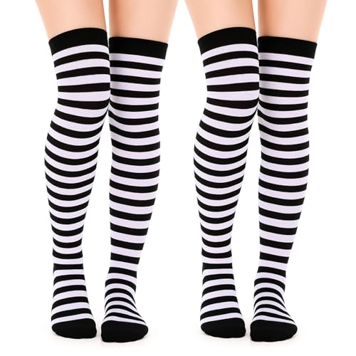 Lusofie 2 Paar Thigh High Socks Overknees Gestreifte Overknee Strümpfe Hohe Socken Thigh Highs Kniestrümpfe Damen Lange Schwarz Weiß Gestreifte Mädchen Weihnachten Halloween Partyzubehör von Lusofie