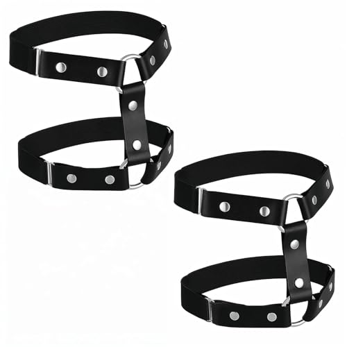 Lusofie 2 Stück Leder Bein Strumpfband Schwarz Oberschenkel Strumpfhalter Verstellbar Punk Leder Strumpfband Gothic Halloween Rave Karneval Cosplay Party Zubehör Leg Accessoires von Lusofie