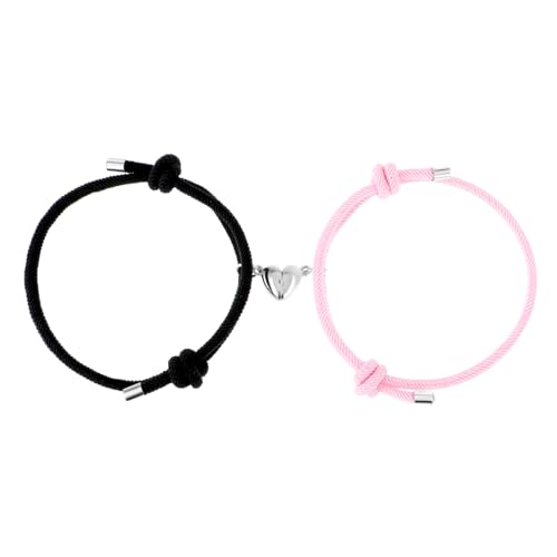 Lusofie 2 Stück Magnet Pärchen Armband Freundschaftsarmband Modisches Herzförmiges Geflochtenes Seil Armband für Männer und Frauen Magnetischer Schmuck Schwarz Rosa von Lusofie