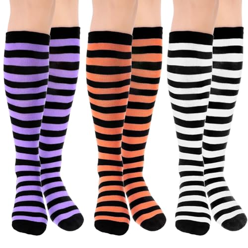 Lusofie 3 Paar Gestreifte Kniestrümpfe Overknee Strümpfe Dame Halloween Strümpfe Lange Gestreifte Socken Kniestrümpfe Damen Für Schule Halloween Cosplay Party Mädchen Frauen von Lusofie