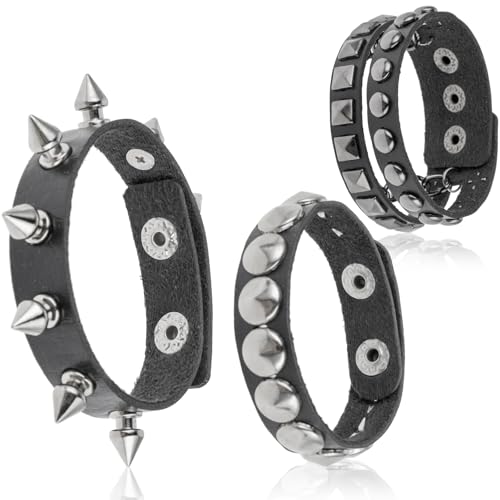 Lusofie 3 Stück Punk Nietenarmband Schwarzes Gothic Lederarmband Verstellbar Breite Punk Rock Armband 80er Jahre Retro Party Halloween Party Punk Accessoires Herren Damen von Lusofie