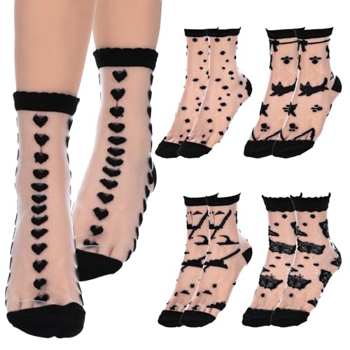 Lusofie 5 Paar Durchsichtige Socken Damen Kurze Gepunktet Gestreift Kariert Rüschen Schwarz Transparente Knöchel Durchsichtiges Netz Sommersocken für Damen Dünn Modisch Socken von Lusofie