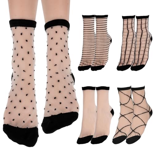 Lusofie 5 Paar Rüschen Socken Damen Kurze Gepunktet Gestreift Kariert Durchsichtige Schwarze Trachtensocken Knöchel Durchsichtiges Netz Sommersocken für Damen Dünn Modisch Socken von Lusofie