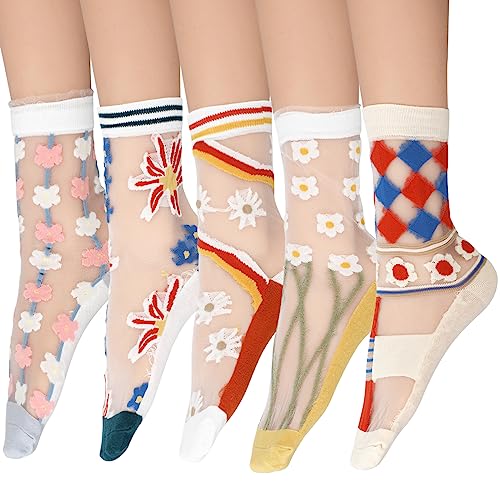 Lusofie 5 Paar Rüschen Socken Damen Transparente Blumensocken Durchsichtige Söckchen Sommersocken Dünne Netz Spitzensocken Feinstrümpfe Damen und Mädchen von Lusofie