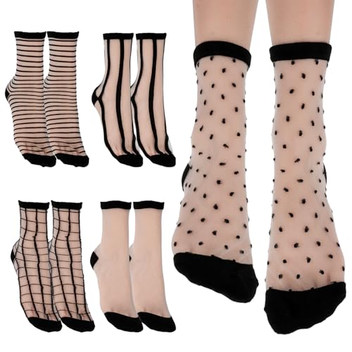 Lusofie 5 Paar Durchsichtige Socken Damen Söckchen mit Rüschen Schwarze Sommer Damensocken Knöchel Dünne Netzsocken Modische Kurze Kleidersocken Trachtensocken für Damen Mädchen von Lusofie