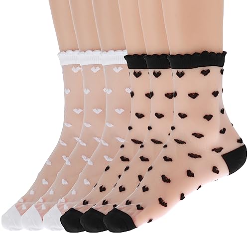 Lusofie 6 Paar Söckchen Damen Durchsichtige Socken Dünne Feinstrümpfe Durchsichtige Netzsocken Sommer Knöchel Rüschen Trachtensocken für Damen Mädchen von Lusofie