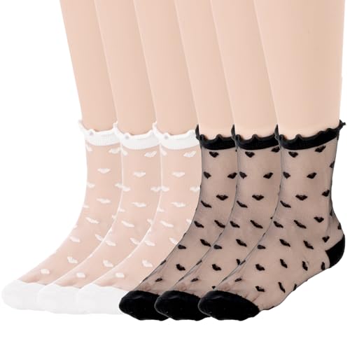 Lusofie 6 Paar Transparente Nylon Socken Damen Durchsichtige Ultra Dünne Socken Mit Rüschen Modisch Söckchen Damen Mit Herz Rutschfeste Knöchelsocken Kurze Ultra Netz Sommer Seidige Coole Rüschen von Lusofie
