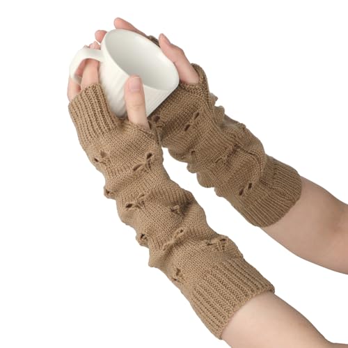 Lusofie Braune Armstulpen Damen Winter Ripped Fingerless Gloves Arm Warmers Handwärmer Handschuhe Mädchen Y2k Lange Strickhandschuhe Pulswärmer Fingerlose Fäustlinge Mit Daumenloch von Lusofie