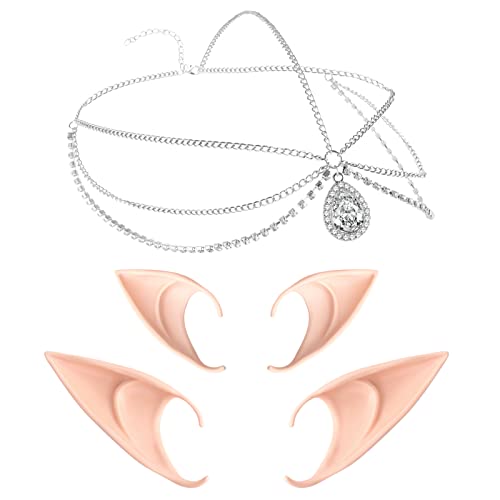 Lusofie Elfenohren Fairy Elf Ears Moon Head Chain Tiara Elfenohren Schmuck Cosplay Vintage Crystal Tiara Haarband Soft Tip Anime Elfen Ohren Elfen Kostüm Elbenohren Erwachsene Damen Kinder von Lusofie