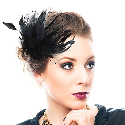 Fascinator Hut Damen Feder Mesh Kopfbedeckungs Hut Schwarze Vintage Teeparty Haarschmuck für Damen Mädchen Abend Partys von Yolev