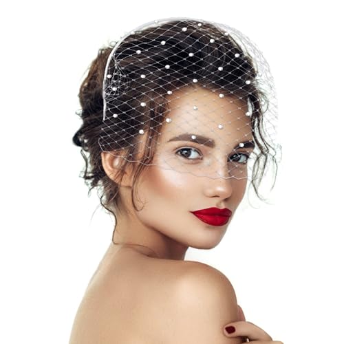 Lusofie Fascinator Weiß Mesh Schleier Stirnband der 1920er Jahre Damen Kopfschmuck Fascinator Hochzeit Teeparty Abschied Damen Schleier Braut Kopfschmuck 50er Jahre Fascinator von Lusofie