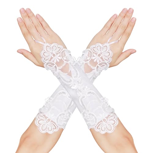 Lusofie Brauthandschuhe Damen Elegante Fingerlose Satin Handschuhe Lang Brautparty Ballkleid Oper 1920er Jahre Handschuhe Spitze Weich Maskerade 20er Jahre Kostüm Damen (Weiß) von Lusofie